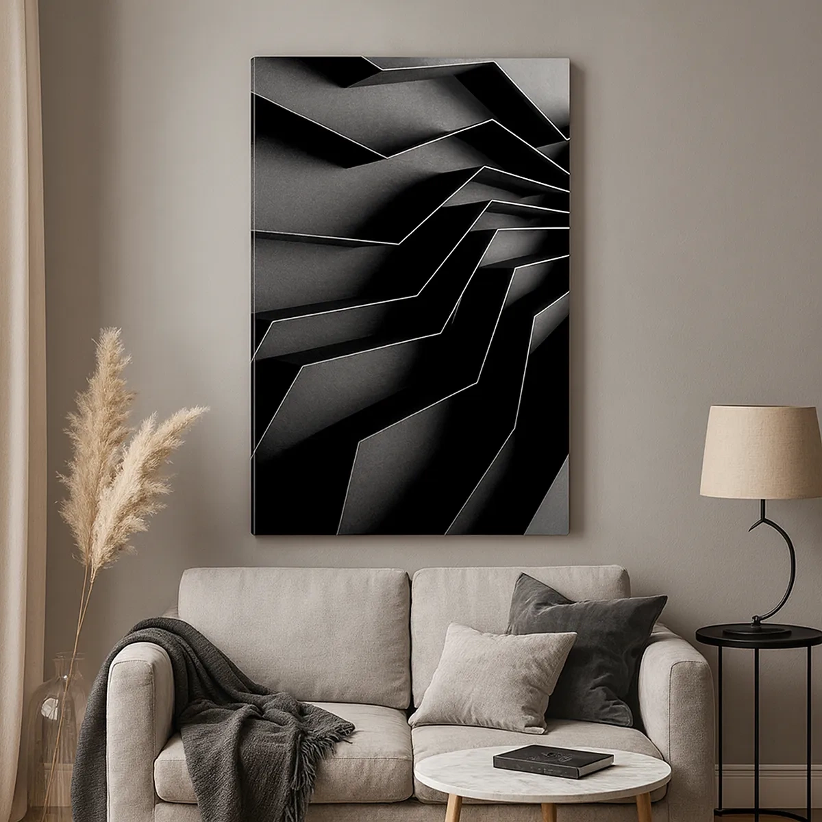 Impression sur toile - Image sur toile - Abstraction en noir et blanc avec des structures géométriques - 50x70cm - Ordre spatial - Décoration murale moderne pour le salon et la chambre ARTTOR