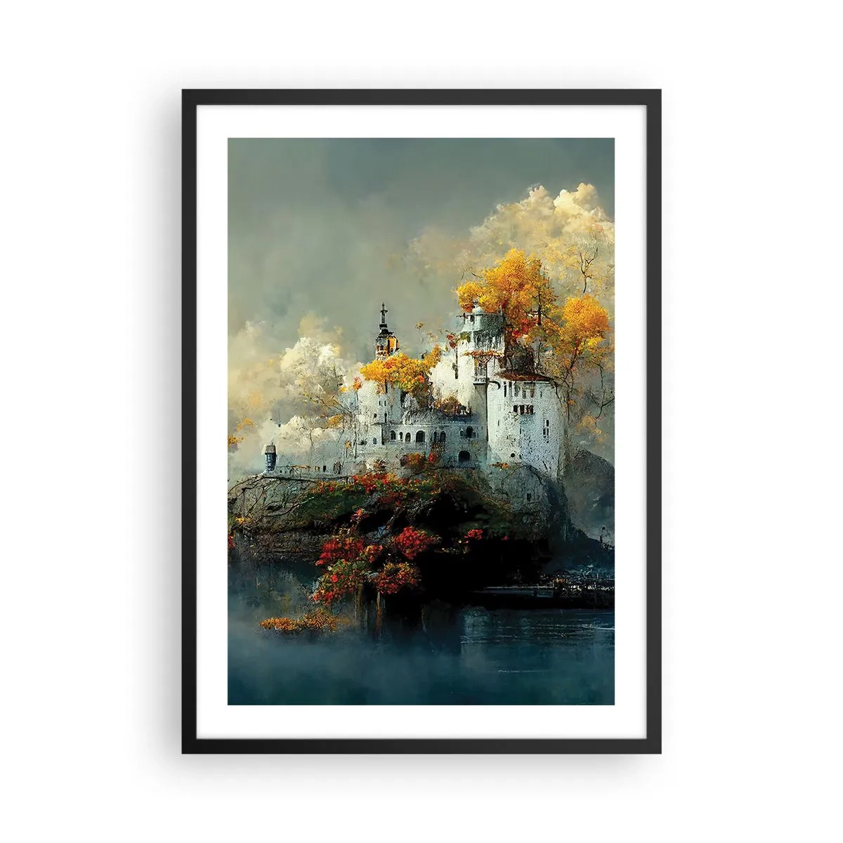 Affiche dans un cadre noir - Poster - Un château sur un rocher entouré d'un paysage d'automne - 50x70cm - Le début d'une histoire romantique - Décoration murale moderne pour le salon et la chambre ARTTOR