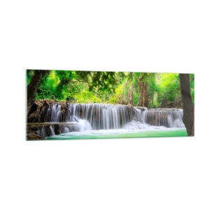 Impression sur verre - Image sur verre - Une cascade verte entourée d'une végétation tropicale dense - 140x50cm - Une cascade de vert - Décoration murale moderne pour le salon et la chambre ARTTOR