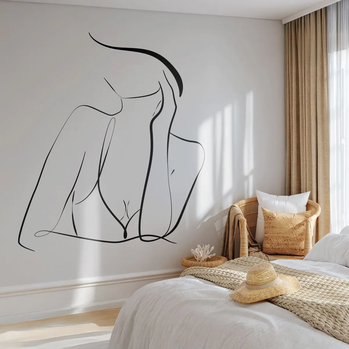 Papier Peint Photo Standard Eco - Une ligne minimaliste d'une silhouette féminine sur un fond clair - 100x70cm - Sur les vague d'un rêve - Décoration murale moderne pour le salon et la chambre ARTTOR