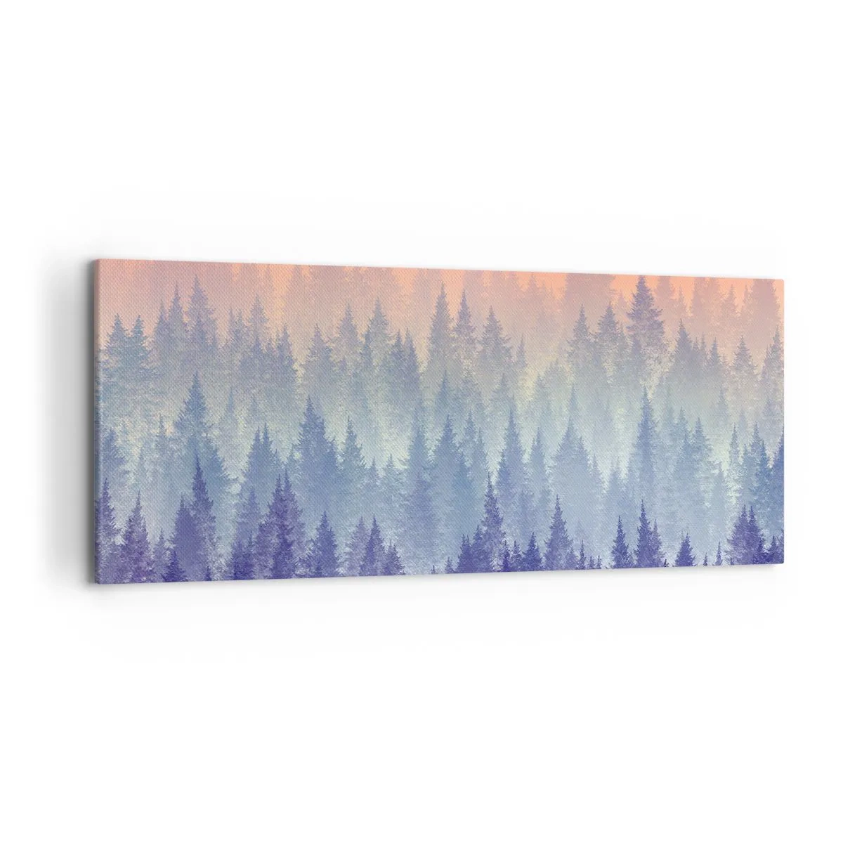 Impression sur toile - Image sur toile - Une forêt brumeuse aux tons violets et orange - 120x50cm - Haut, plus haut, vers le ciel - Décoration murale moderne pour le salon et la chambre ARTTOR