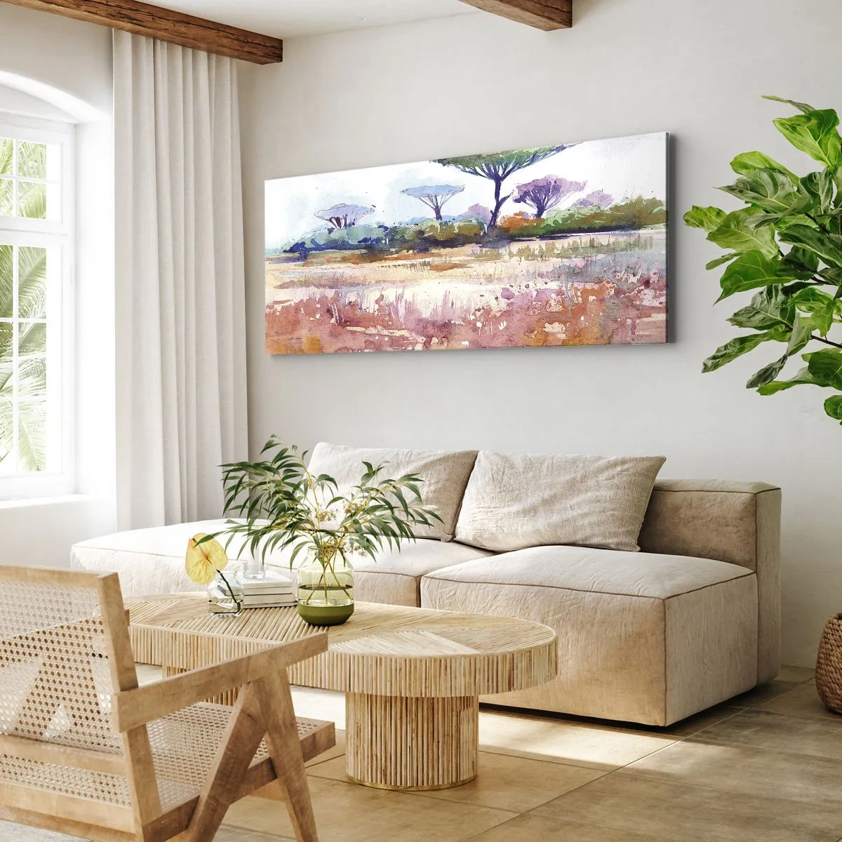 Impression sur toile - Image sur toile - Un paysage de savane pittoresque aux couleurs aquarelles - 120x50cm - Couleurs de savane - Décoration murale moderne pour le salon et la chambre ARTTOR
