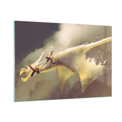 Impression sur verre - Image sur verre - Une silhouette sur le dos d'un dragon blanc dans un paysage brumeux - 100x70cm - Le monde à la rescousse - Décoration murale moderne pour le salon et la chambre ARTTOR
