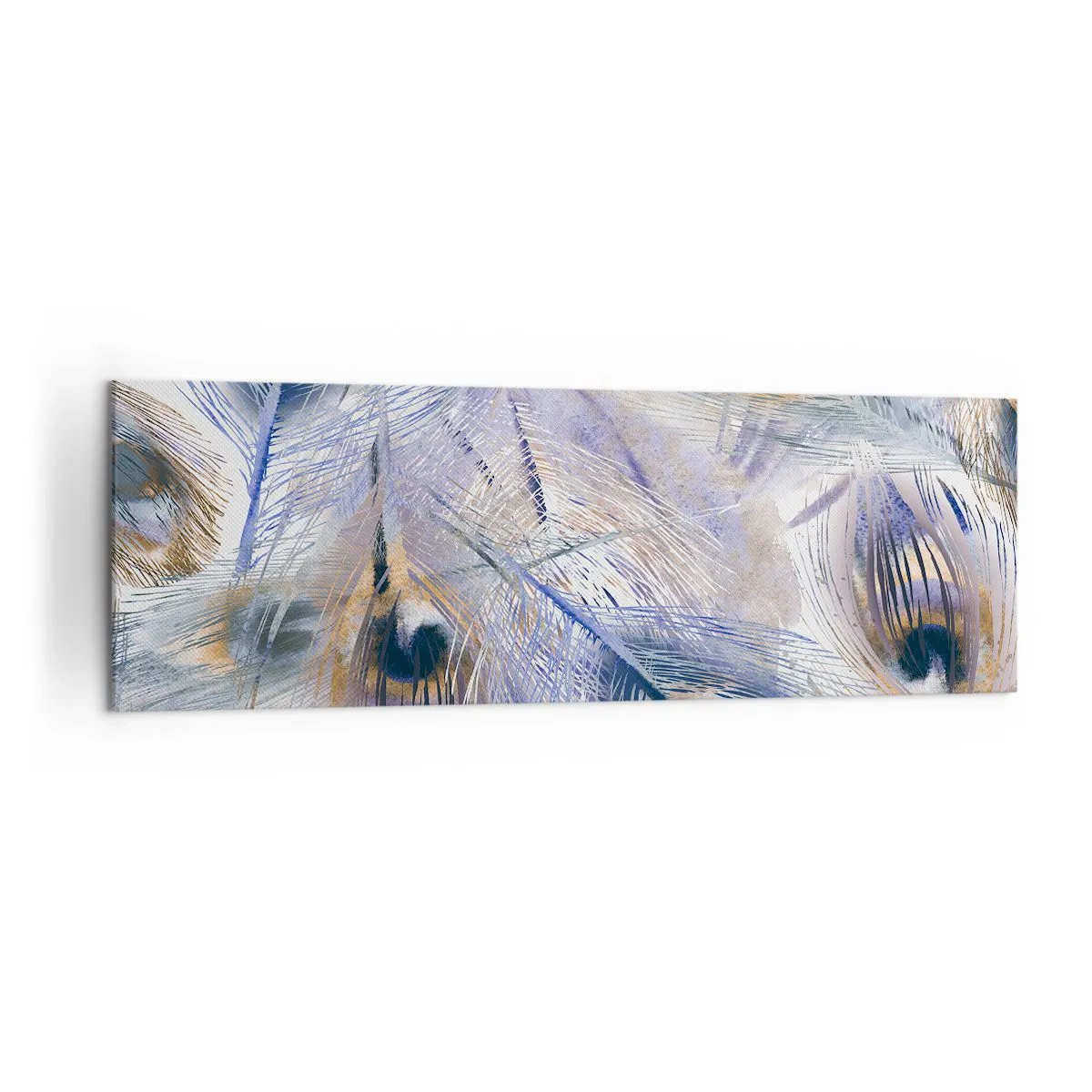 Impression sur toile - Image sur toile - Un motif avec des plumes de paon dans des tons de bleu et d'or - 160x50cm - Composition de paon - Décoration murale moderne pour le salon et la chambre ARTTOR