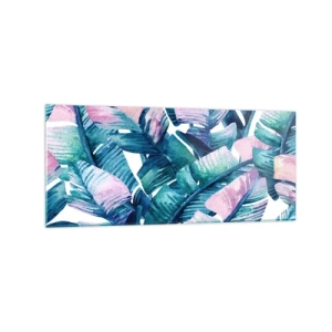 Impression sur verre - Image sur verre - Feuilles de bananier dans les tons bleu et rose - 120x50cm - Dans une bananeraie - Décoration murale moderne pour le salon et la chambre ARTTOR