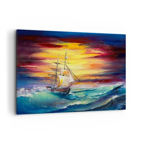 Impression sur toile - Image sur toile - Un voilier sur fond de coucher de soleil coloré - 100x70cm - Courageusement sous les vagues - Décoration murale moderne pour le salon et la chambre ARTTOR