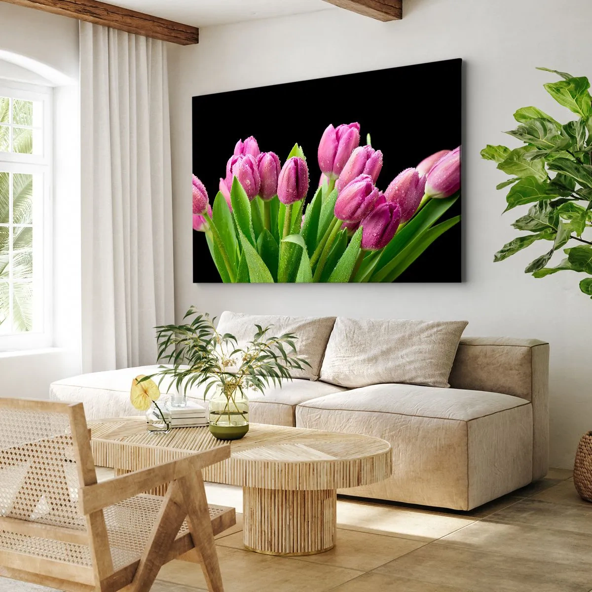 Impression sur toile - Image sur toile - Tulipes roses avec des gouttes de rosée sur fond noir - 120x80cm - Joie printanière des lilas - Décoration murale moderne pour le salon et la chambre ARTTOR