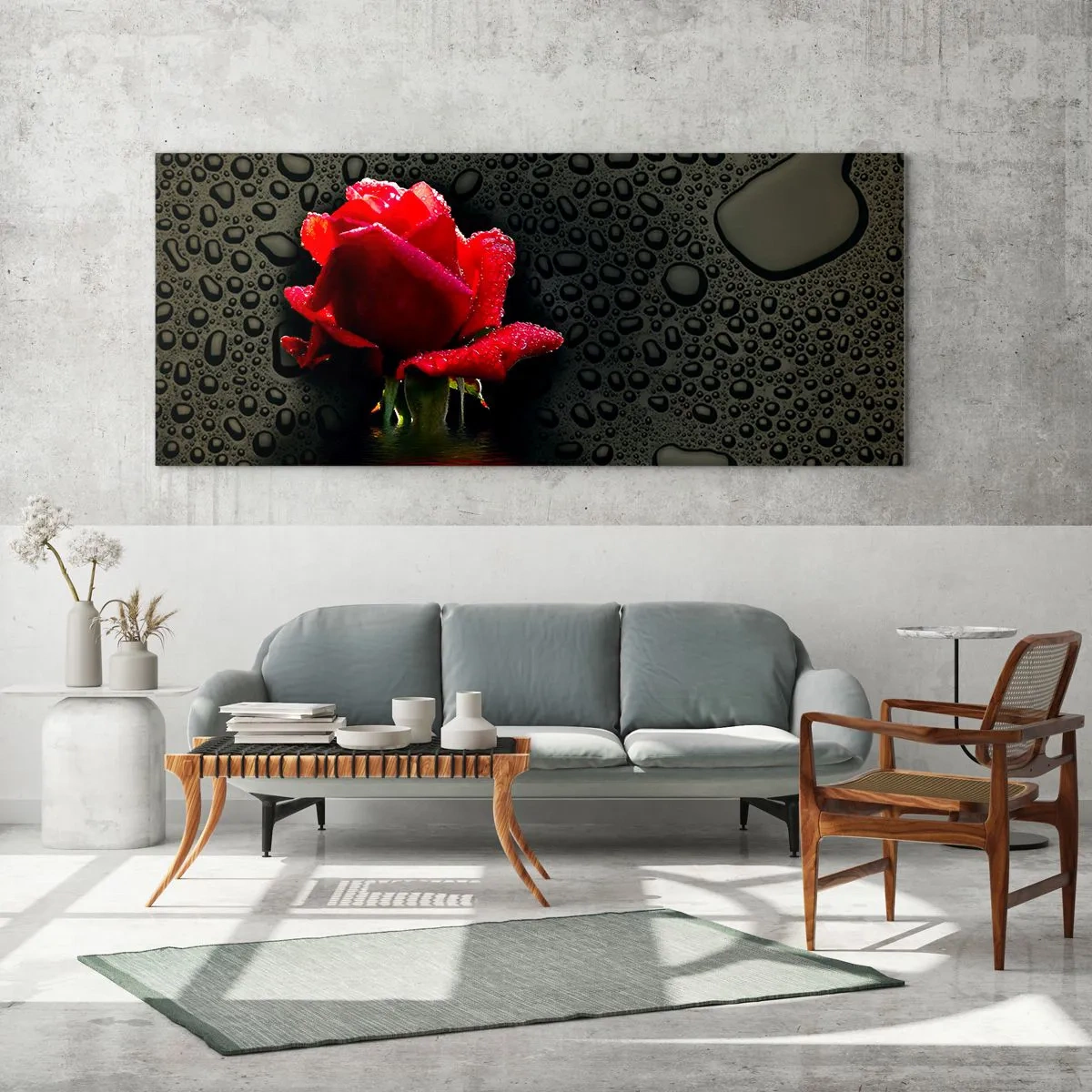 Impression sur verre - Image sur verre - Rose rouge avec des gouttes d'eau sur un fond sombre - 160x50cm - Rouge et noir - Décoration murale moderne pour le salon et la chambre ARTTOR