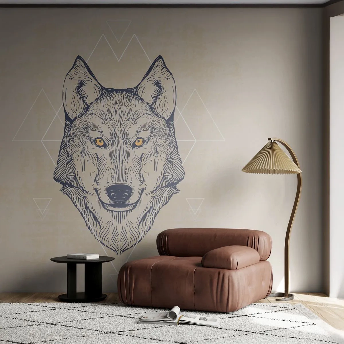 Papier Peint Photo Premium Sand - Illustration géométrique d'un loup sur fond beige - 100x70cm - Un alpha au regard pénétrant - Décoration murale moderne pour le salon et la chambre ARTTOR