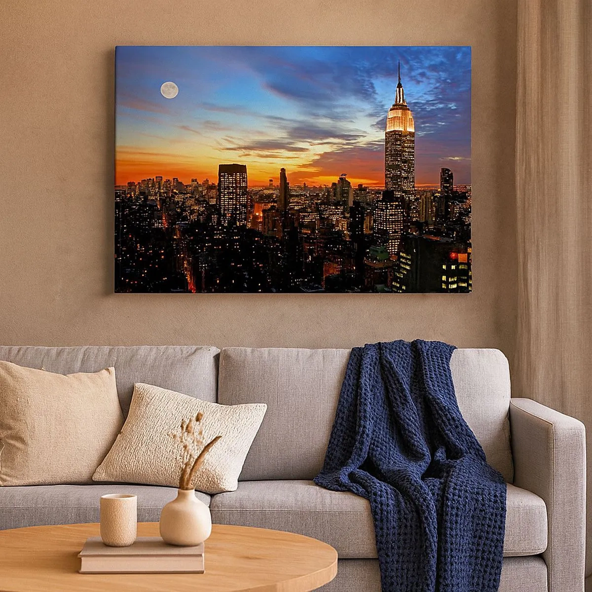 Impression sur toile - Image sur toile - Panorama de la ville avec des gratte-ciel illuminés au crépuscule - 70x50cm - Nuit américaine lumineuse - Décoration murale moderne pour le salon et la chambre ARTTOR