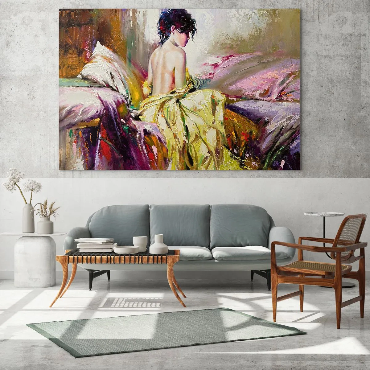 Impression sur verre - Image sur verre - Une femme en robe jaune assise sur un lit dans un style impressionniste. - 120x80cm - Entre les lèvres et le bord de la tasse - Décoration murale moderne pour le salon et la chambre ARTTOR