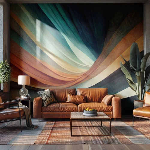 Papier Peint Photo Premium Canvas - Vagues abstraites dans des tons chauds et froids - 100x70cm - Tissé à partir de couleurs - Décoration murale moderne pour le salon et la chambre ARTTOR