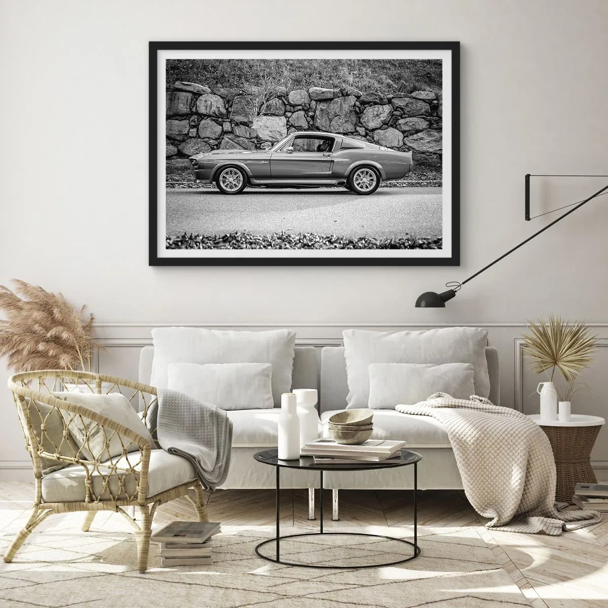 Affiche dans un cadre noir - Poster - Photo en noir et blanc d'une voiture classique - 70x50cm - Légende des années 60 - Décoration murale moderne pour le salon et la chambre ARTTOR