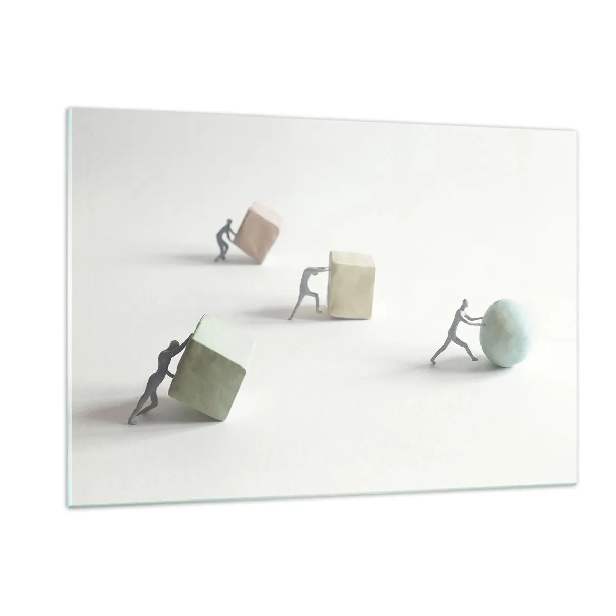 Impression sur verre - Image sur verre - Des figurines miniatures roulent et poussent des formes géométriques. - 120x80cm - Rien que la vie - Décoration murale moderne pour le salon et la chambre ARTTOR