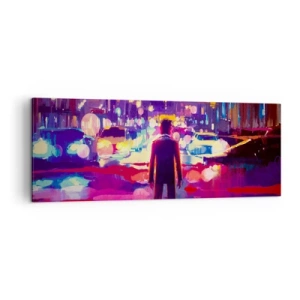 Impression sur toile - Image sur toile - Un homme dans une scène nocturne de ville au néon - 140x50cm - Immergé dans la lumière - Décoration murale moderne pour le salon et la chambre ARTTOR