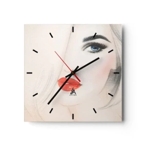 Horloge murale - Pendule murale - Un portrait minimaliste d'une femme aux yeux bleus et aux lèvres rouges. - 30x30cm - Il hypnotise et enivre - Décoration murale moderne pour le salon et la chambre ARTTOR