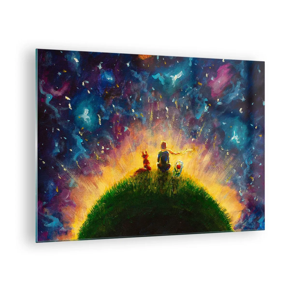 Impression sur verre - Image sur verre - Une figure avec un renard sur une planète sous un ciel étoilé - 70x50cm - Amour et amitié - le monde entier - Décoration murale moderne pour le salon et la chambre ARTTOR