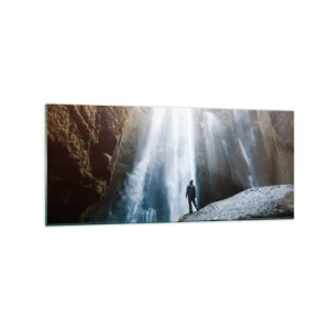 Impression sur verre - Image sur verre - Une silhouette sur fond de cascade majestueuse dans une gorge rocheuse - 120x50cm - Restauration des proportions - Décoration murale moderne pour le salon et la chambre ARTTOR