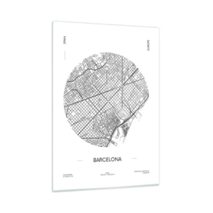 Impression sur verre - Image sur verre - Une carte minimaliste de Barcelone dans une esthétique noir et blanc - 50x70cm - Anatomie de Barcelone - Décoration murale moderne pour le salon et la chambre ARTTOR