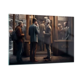 Impression sur verre - Image sur verre - Hommes discutant devant un café dans un décor urbain rétro - 120x80cm - Bon moment de la journée - Décoration murale moderne pour le salon et la chambre ARTTOR