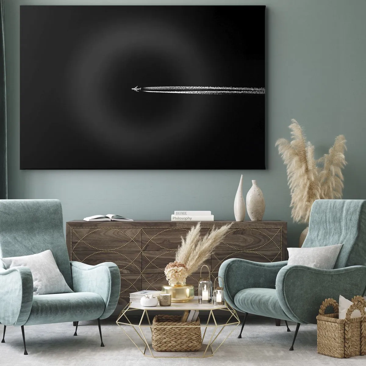 Impression sur toile - Image sur toile - Un avion à réaction avec une traînée de condensation visible sur fond noir - 100x70cm - Dans une autre dimension - Décoration murale moderne pour le salon et la chambre ARTTOR