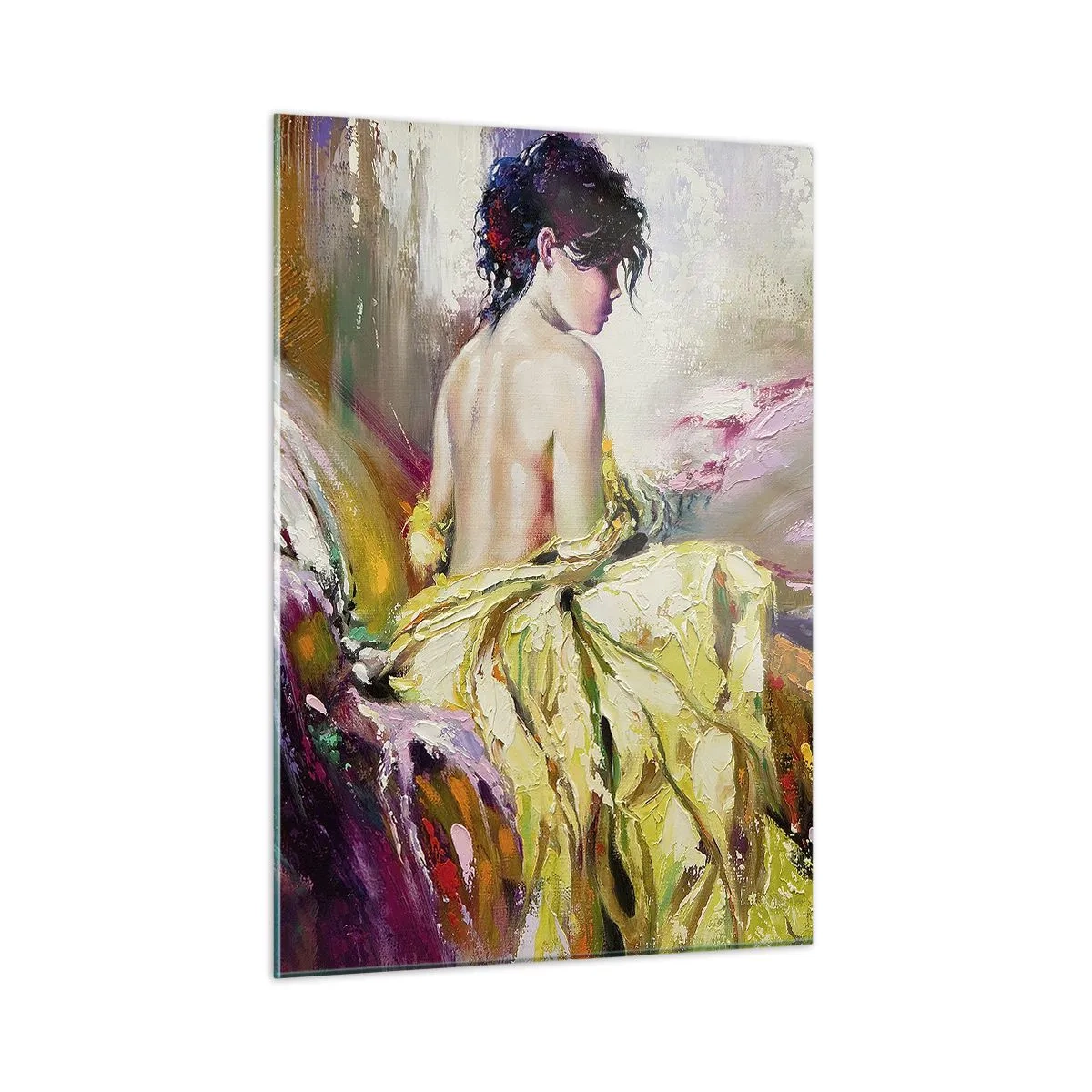 Impression sur verre - Image sur verre - Une femme en robe jaune assise sur un lit dans un style impressionniste. - 50x70cm - Entre les lèvres et le bord de la tasse - Décoration murale moderne pour le salon et la chambre ARTTOR