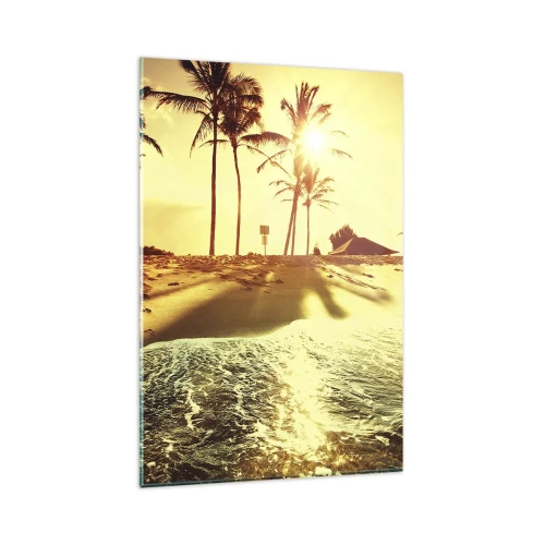 Impression sur verre - Image sur verre - Une plage avec des palmiers illuminée par un coucher de soleil chaud - 80x120cm - Après-midi californien - Décoration murale moderne pour le salon et la chambre ARTTOR