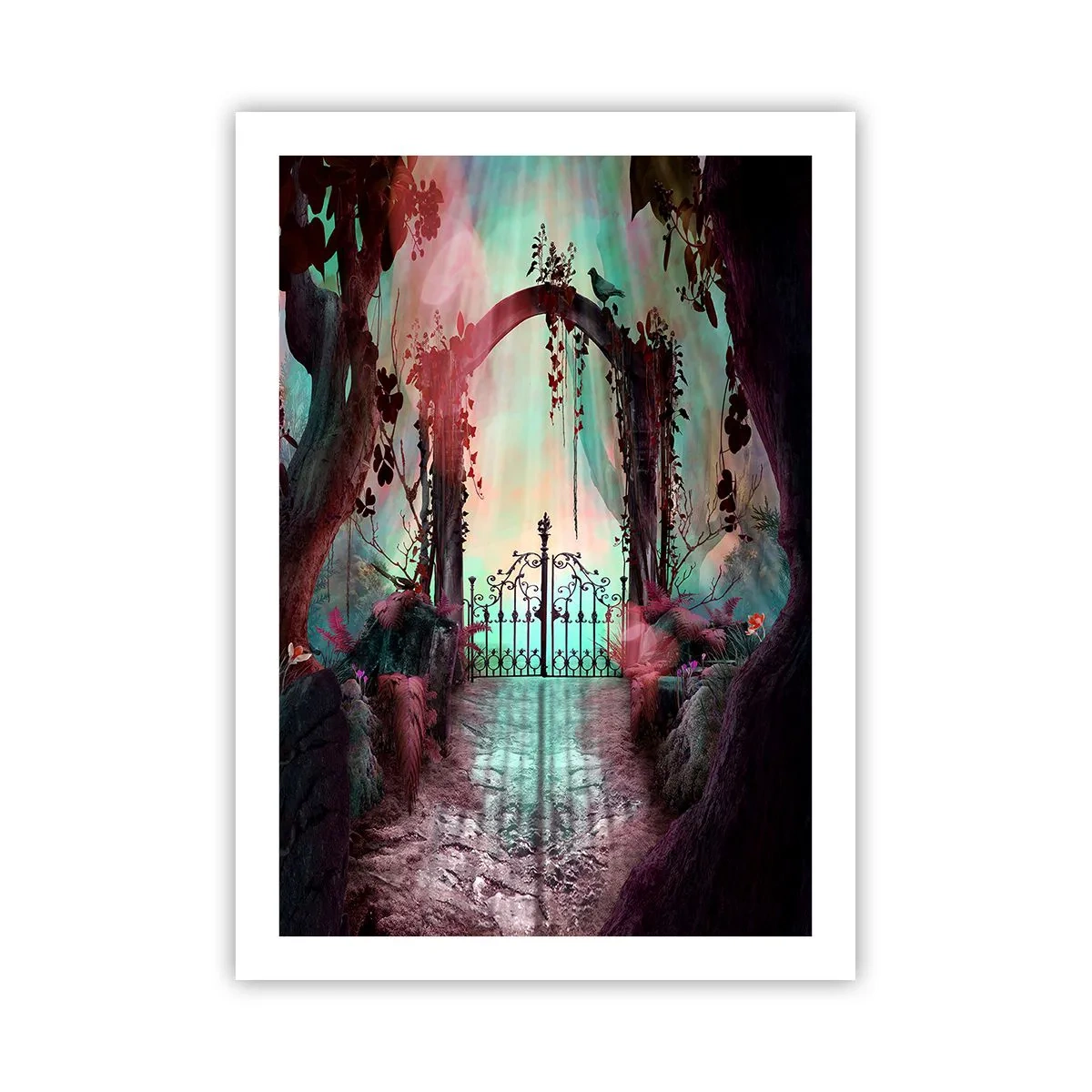 Affiche - Poster - Une porte mystérieuse dans la forêt avec un arrière-plan coloré - 50x70cm - Jardin secret - Décoration murale moderne pour le salon et la chambre ARTTOR