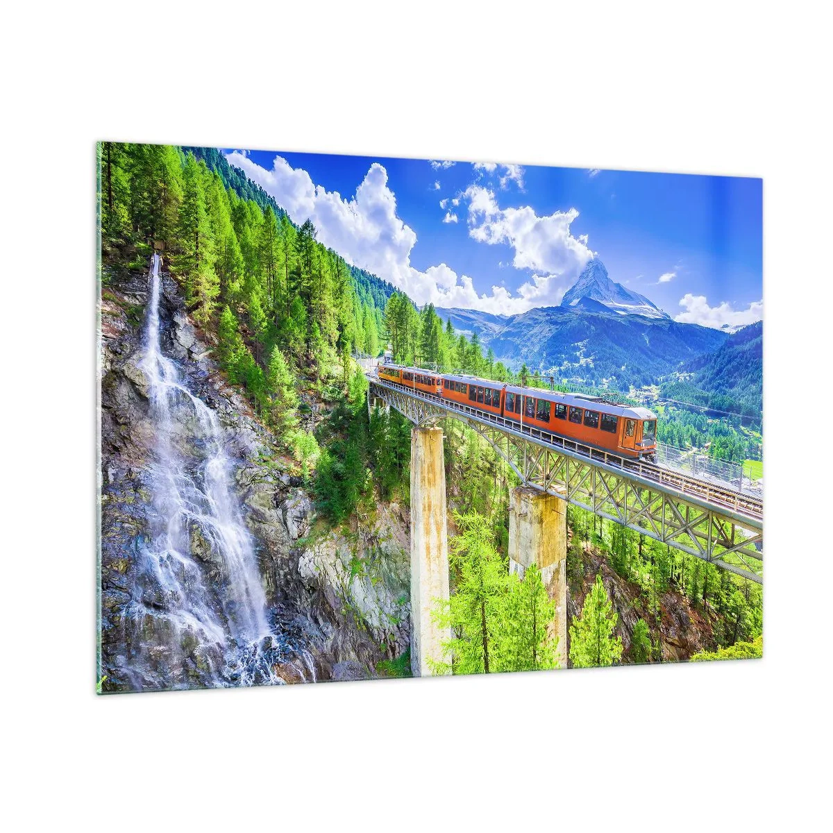 Impression sur verre - Image sur verre - Train alpin sur un pont surplombant une cascade - 100x70cm - Train dans les Alpes - Décoration murale moderne pour le salon et la chambre ARTTOR