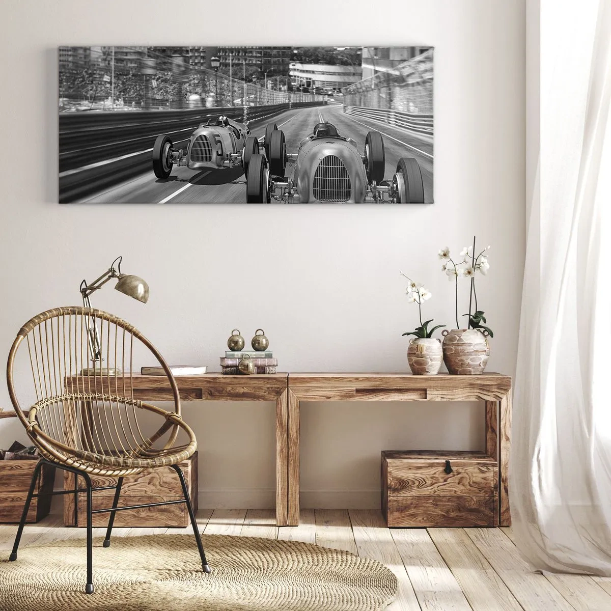Impression sur toile - Image sur toile - Scène de course automobile rétro monochrome - 140x50cm - Il y a longtemps à Monté Carlo - Décoration murale moderne pour le salon et la chambre ARTTOR