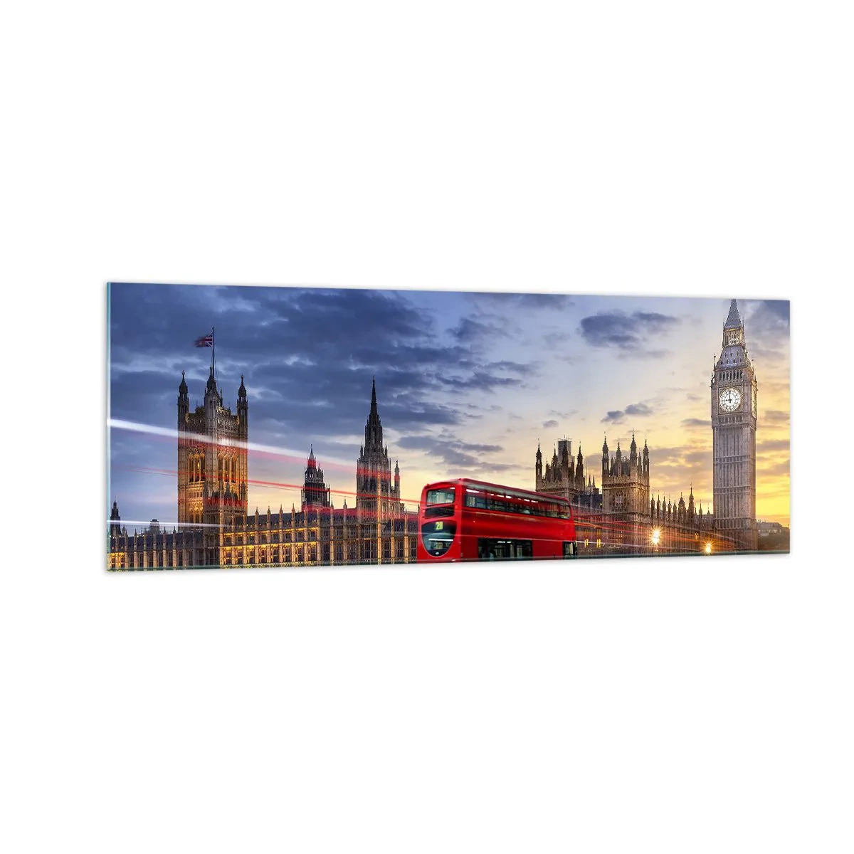 Impression sur verre - Image sur verre - Un bus rouge avec Big Ben et les Chambres du Parlement en arrière-plan au crépuscule. - 140x50cm - Caractères spéciaux - Décoration murale moderne pour le salon et la chambre ARTTOR