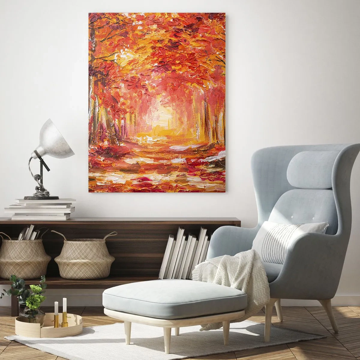 Impression sur verre - Image sur verre - Paysage d'automne avec des arbres aux couleurs chaudes - 50x70cm - Forêt de cuivre - Décoration murale moderne pour le salon et la chambre ARTTOR