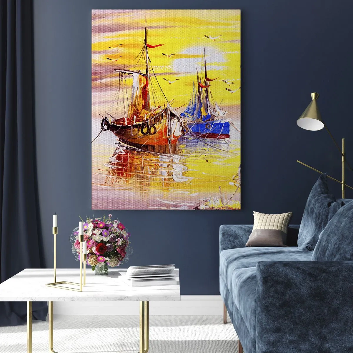 Impression sur verre - Image sur verre - Bateaux de pêche au coucher du soleil sur une eau calme - 50x70cm - Un repos bien mérité au port - Décoration murale moderne pour le salon et la chambre ARTTOR
