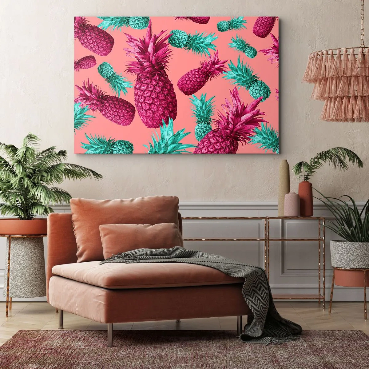 Impression sur toile - Image sur toile - Ananas exotiques aux couleurs roses et turquoise - 100x70cm - La liberté est douce - Décoration murale moderne pour le salon et la chambre ARTTOR