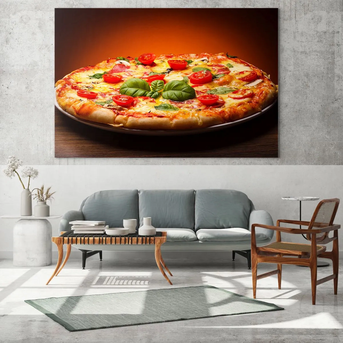 Impression sur verre - Image sur verre - Pizza aux tomates, basilic et fromage fondu - 100x70cm - Mamma mia! - Décoration murale moderne pour le salon et la chambre ARTTOR