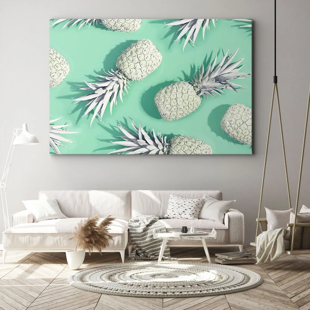 Impression sur toile - Image sur toile - Ananas blancs sur fond pastel dans un style minimaliste - 70x50cm - Ils se combinent très bien avec la menthe - Décoration murale moderne pour le salon et la chambre ARTTOR