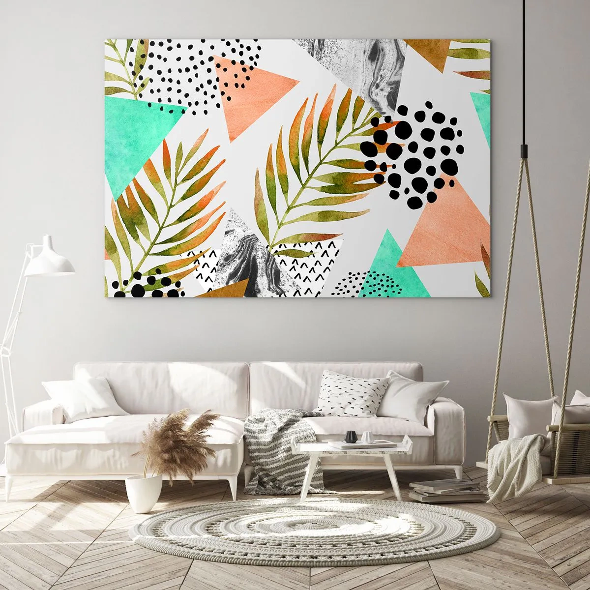 Impression sur verre - Image sur verre - Formes géométriques et feuilles aux couleurs pastel - 70x50cm - Décoration avec feuille de palmier - Décoration murale moderne pour le salon et la chambre ARTTOR