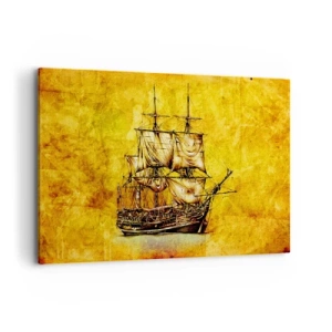 Impression sur toile - Image sur toile - Un dessin stylisé d'un voilier sur fond doré avec une touche vintage. - 100x70cm - En direction de l'ile de la tortue ! - Décoration murale moderne pour le salon et la chambre ARTTOR