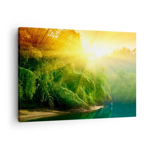 Impression sur toile - Image sur toile - Une forêt verte au bord de la rivière, illuminée par les rayons du soleil levant - 70x50cm - Se noyer au soleil et à l'ombre - Décoration murale moderne pour le salon et la chambre ARTTOR