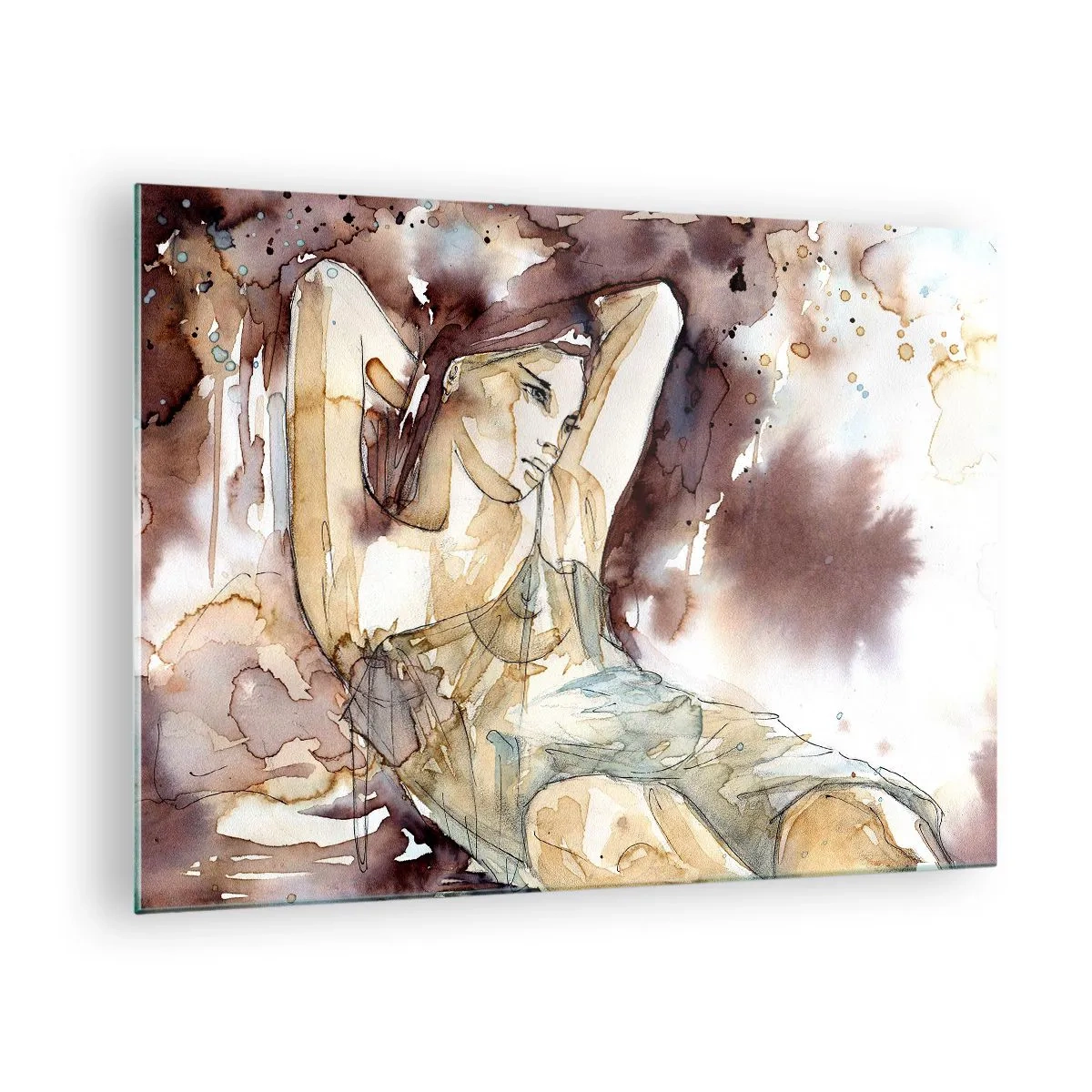 Impression sur verre - Image sur verre - Femme sensuelle dans une aquarelle artistique aux tons sépia - 70x50cm - D'humeur lilas - Décoration murale moderne pour le salon et la chambre ARTTOR