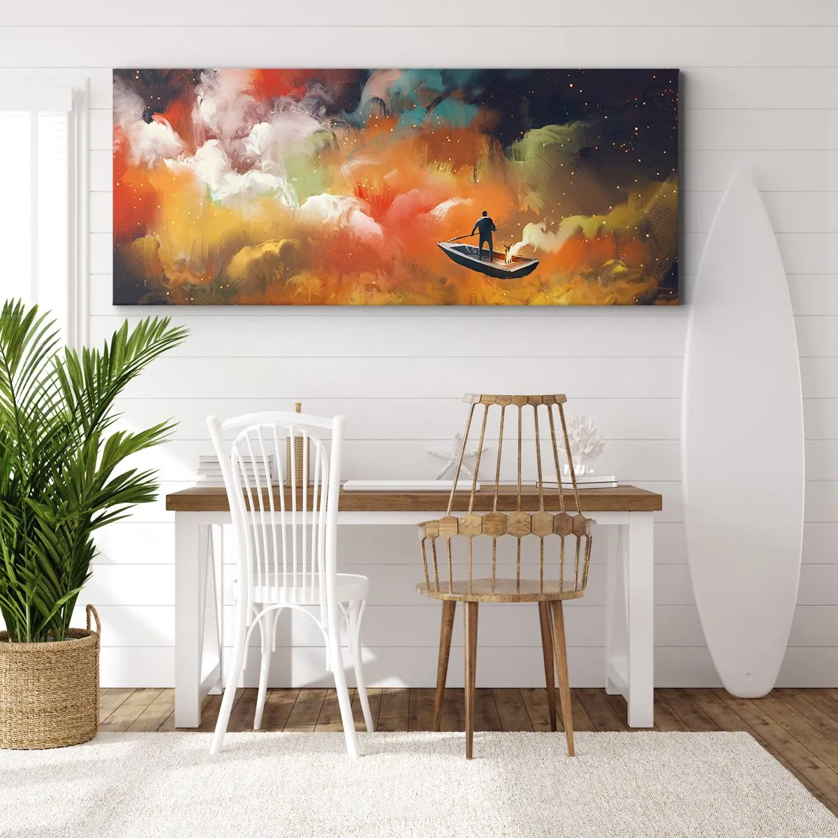 Impression sur toile - Image sur toile - Une silhouette dans un bateau sur un fond de nuages colorés - 120x50cm - En bateau à travers la galaxie - Décoration murale moderne pour le salon et la chambre ARTTOR