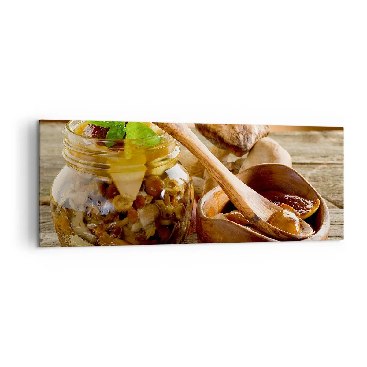 Impression sur toile - Image sur toile - Champignons naturels dans un bocal sur une table rustique - 140x50cm - Que ce soit frais ou salé, ou en automne... - Décoration murale moderne pour le salon et la chambre ARTTOR