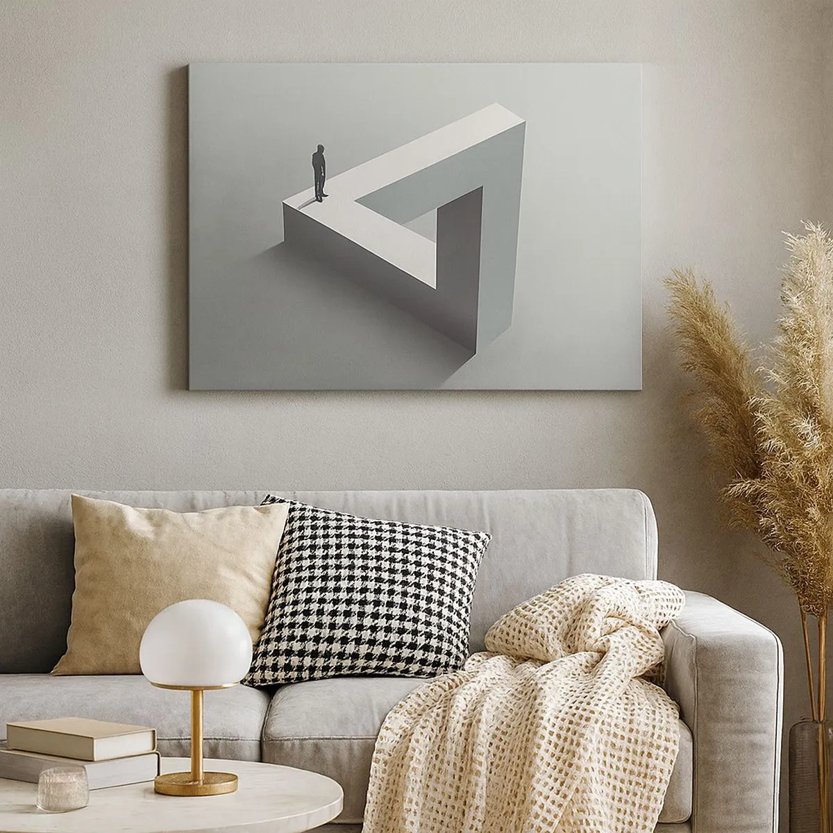 Impression sur toile - Image sur toile - Une figure debout sur un triangle de Penrose dans des tons de gris. - 70x50cm - Mais c'est possible - Décoration murale moderne pour le salon et la chambre ARTTOR