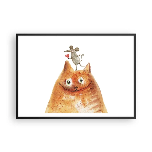 Affiche dans un cadre noir - Poster - Un dessin d'un chat avec une souris sur la tête tenant un cœur - 100x70cm - Amour paradoxal - Décoration murale moderne pour le salon et la chambre ARTTOR