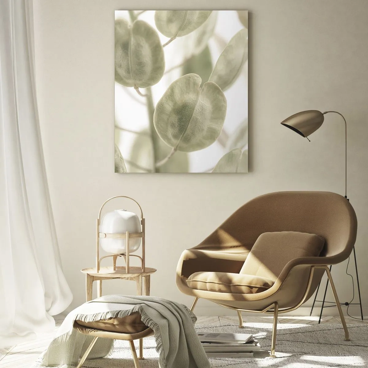 Impression sur verre - Image sur verre - Une peinture délicate de feuilles dans des tons pastel de vert sur un fond clair. - 70x100cm - Au commencement il y avait des feuilles... - Décoration murale moderne pour le salon et la chambre ARTTOR