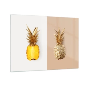 Impression sur verre - Image sur verre - Un ananas tranché et doré sur deux fonds contrastés - 70x50cm - Ananas pour nous - Décoration murale moderne pour le salon et la chambre ARTTOR