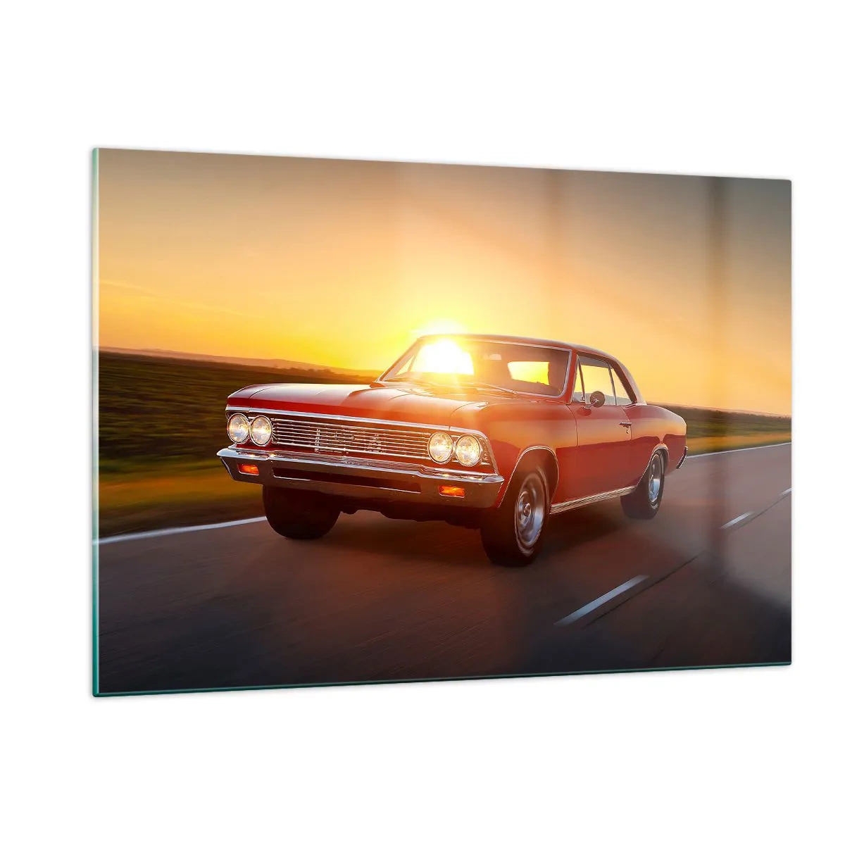 Impression sur verre - Image sur verre - Voiture classique rouge contre le soleil couchant - 120x80cm - Le désir est de couleur rouge - Décoration murale moderne pour le salon et la chambre ARTTOR