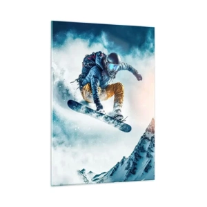 Impression sur verre - Image sur verre - Un snowboarder survole des montagnes enneigées - 50x70cm - Des émotions extrêmes - Décoration murale moderne pour le salon et la chambre ARTTOR