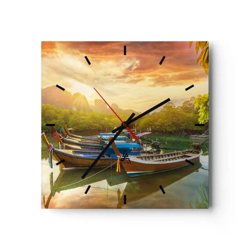 Horloge murale - Pendule murale - Bateaux traditionnels sur une eau calme au coucher du soleil - 30x30cm - Avant une journée chargée - Décoration murale moderne pour le salon et la chambre ARTTOR