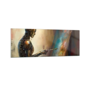 Impression sur verre - Image sur verre - Un robot peignant sur une toile dans un style artistique - 140x50cm - L'art du futur - Décoration murale moderne pour le salon et la chambre ARTTOR